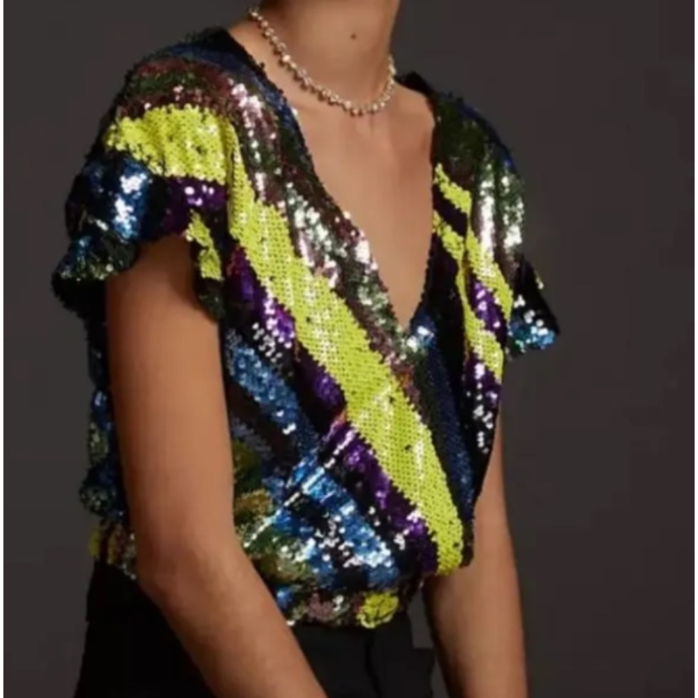 NEW Anthropologie Rdalamal Sequin Surplice Wrap Top Size XXS